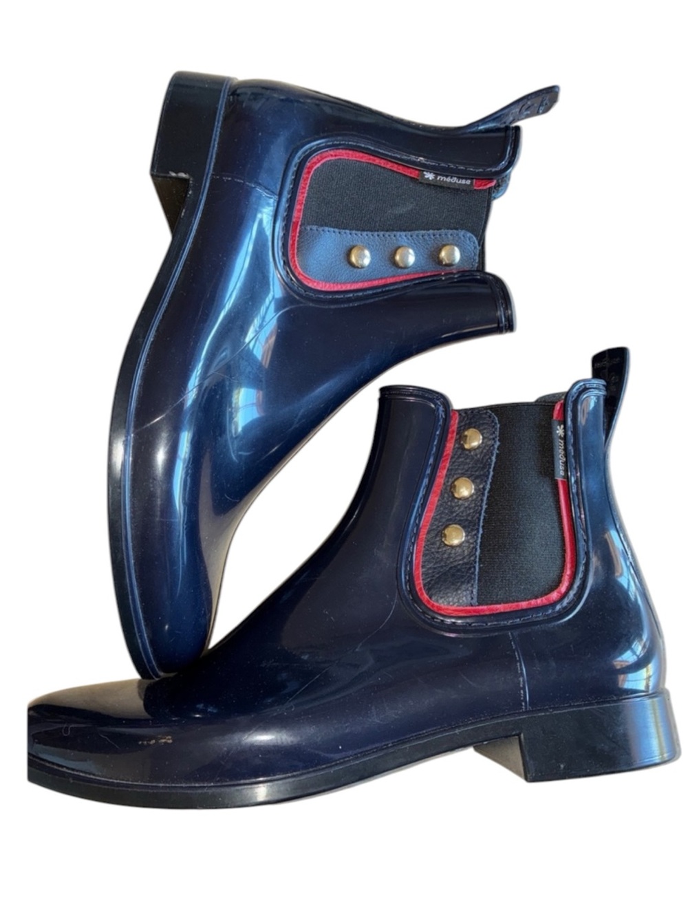 Meduse Rain Boots women's 40, Navy Gloss Chelsea with Red Trim & studs. EUC